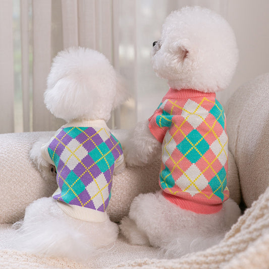 Dog Clothes In Autumn And Winter Colorful Diamond Knitted Sweater Cat Ins Vest Small And Medium-Sized Dog Pet Clothes