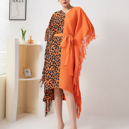 Leopard Print Bat Sleeve Tassel Lace Up Medium Long Irregular Three Curtilage Pleated Dress Loose And Slim