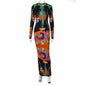 Hugcitar Print Long Sleeves Graphic Patchwork Sexy Slim Maxi Prom Dress Fall Women New Casual Streetwear Party Y2K Clothes