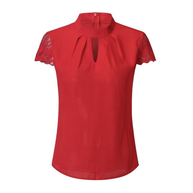 Women Tops Chiffon Shirt Women Blouse Ruffle Short Sleeve Splice Lace Chiffon Blouse Plus Size Office Lady Summer Tops