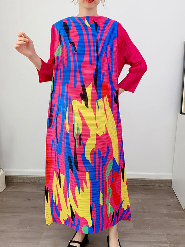 LANMREM Maxi Pleated Dress For Women Slash Neck Long Sleeves Loose Style Fashion Clothing Ladies  Spring Summer New 2DA1196