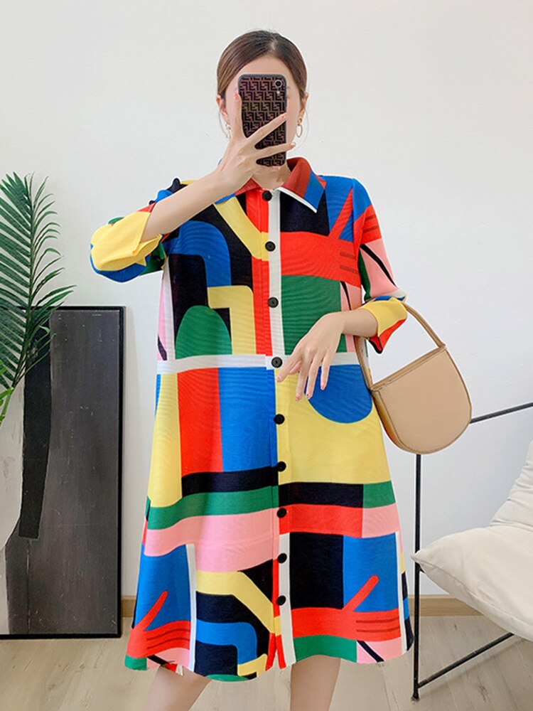 Printing Dress For Women Lapel Stitching Color Single Breasted Pleated Fashion Dresses Female Festival Clothing