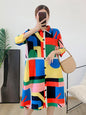 Printing Dress For Women Lapel Stitching Color Single Breasted Pleated Fashion Dresses Female Festival Clothing