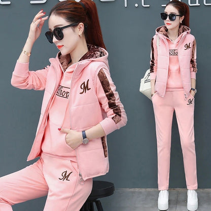 Women Suit Tracksuit Winter 3 Piece Set Hoodies+Vest+Pants Casual Suit Plus Velvet Warm Sporting Women's Suits Female Clothes