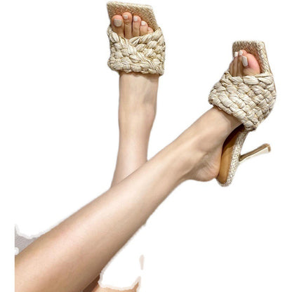 Sexy Hemp High Heels Slippers Peep Toe Party Shoes For Women Slip On Mule Outwear Fashion Pink Braided Sandals