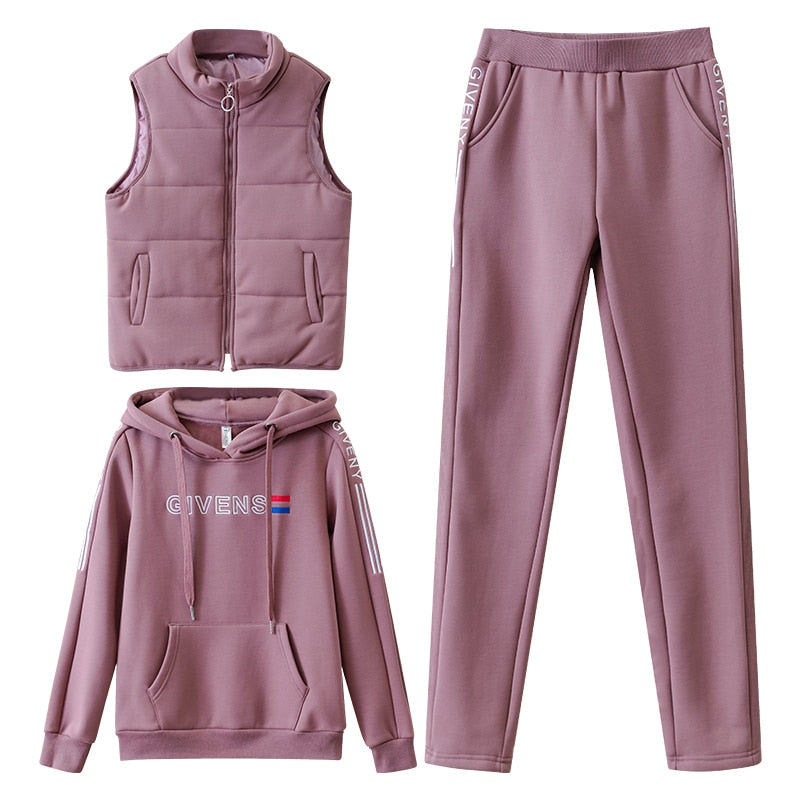 Women Suit Tracksuit Winter 3 Piece Set Hoodies+Vest+Pants Casual Suit Plus Velvet Warm Sporting Women's Suits Female Clothes