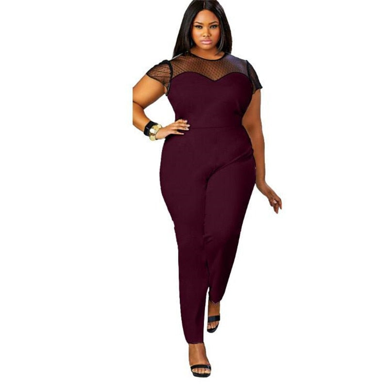 Big Size Casual Office Work Summer Women Jumpsuit O-Neck Patchwork Lace Jumpsuit Large Size Rompers Ropa Mujer Vestidos