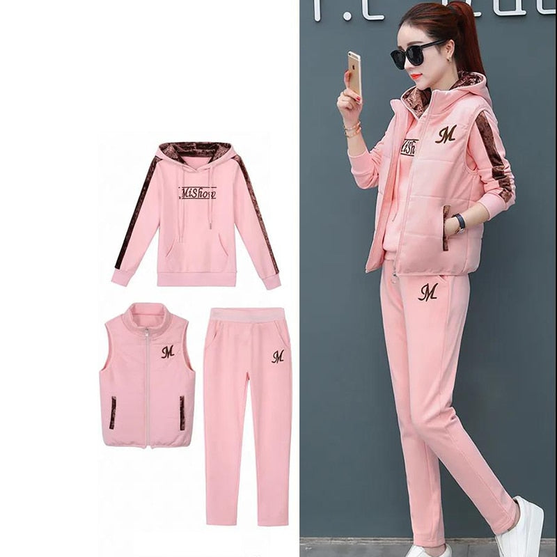 Women Suit Tracksuit Winter 3 Piece Set Hoodies+Vest+Pants Casual Suit Plus Velvet Warm Sporting Women's Suits Female Clothes