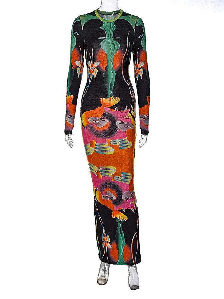 Hugcitar Print Long Sleeves Graphic Patchwork Sexy Slim Maxi Prom Dress Fall Women New Casual Streetwear Party Y2K Clothes