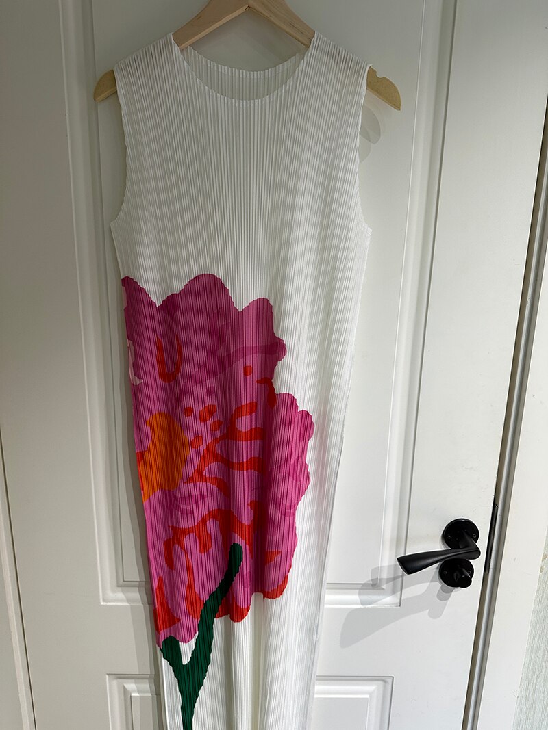 Pleated Designer Art Flower Pattern Printed Pleated Sleeveless Tank Vest Long Dress Women Korean Fashion Clothes