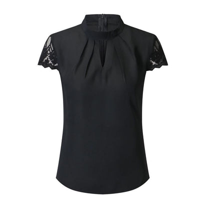 Women Tops Chiffon Shirt Women Blouse Ruffle Short Sleeve Splice Lace Chiffon Blouse Plus Size Office Lady Summer Tops