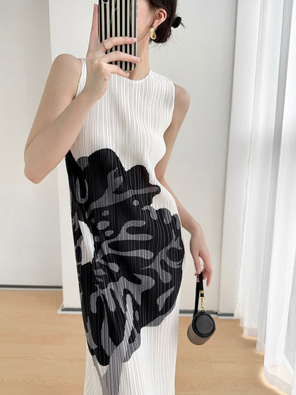 Pleated Designer Art Flower Pattern Printed Pleated Sleeveless Tank Vest Long Dress Women Korean Fashion Clothes