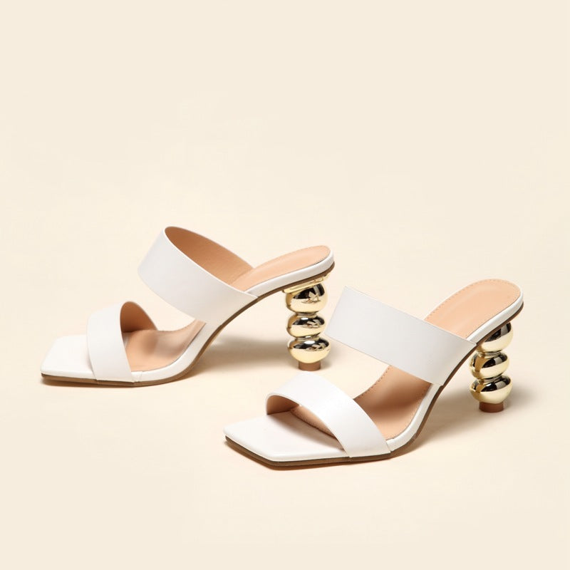 New Design Metal Strange High Heels Summer Women Slipper Elegant Square Toe Slip-On Sliders Shoes Ladies Sandals Size 42
