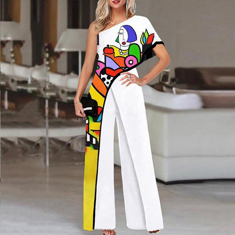 Large Size Jumpsuit Women's Off-The-Shoulder Print Casual Print Wide Leg Pants