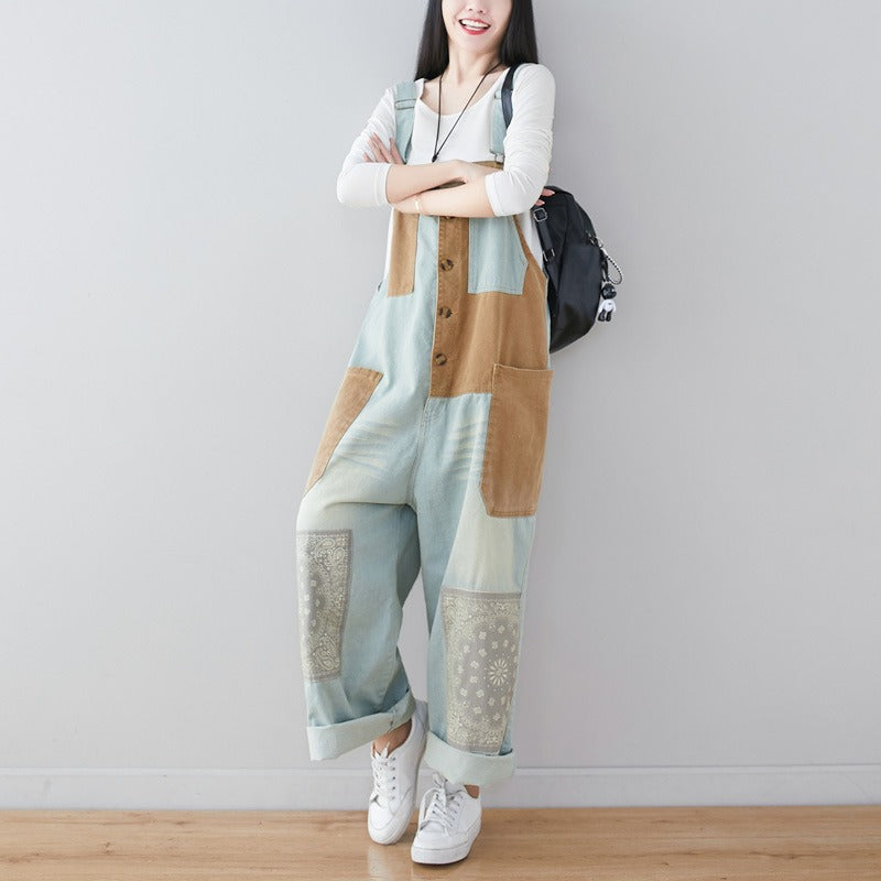 New personality stitching jeans literary wash large size loose overalls ethnic style wide leg pants