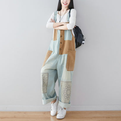 New personality stitching jeans literary wash large size loose overalls ethnic style wide leg pants