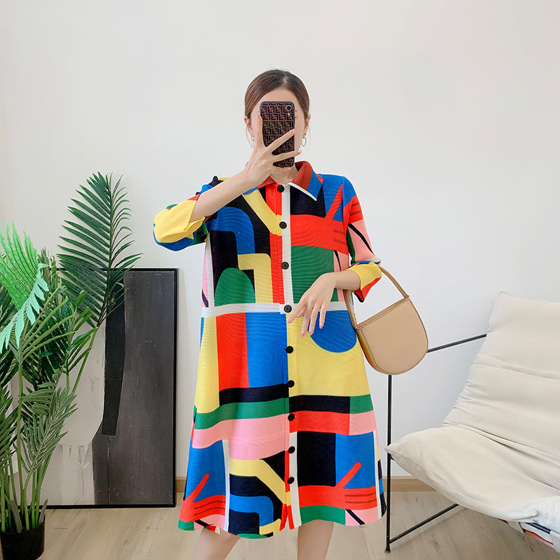 Printing Dress For Women Lapel Stitching Color Single Breasted Pleated Fashion Dresses Female Festival Clothing