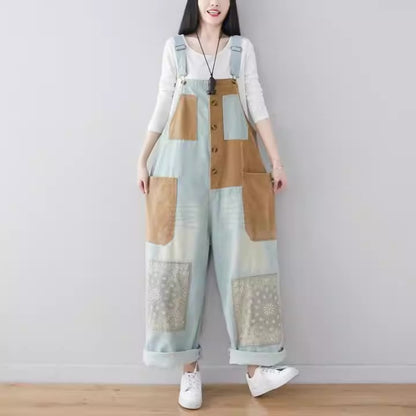 New personality stitching jeans literary wash large size loose overalls ethnic style wide leg pants