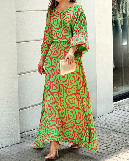 Women's Summer New Loose Plus Size Printed Long Sleeve Tops High Waiste Half-Length Skirt Suits