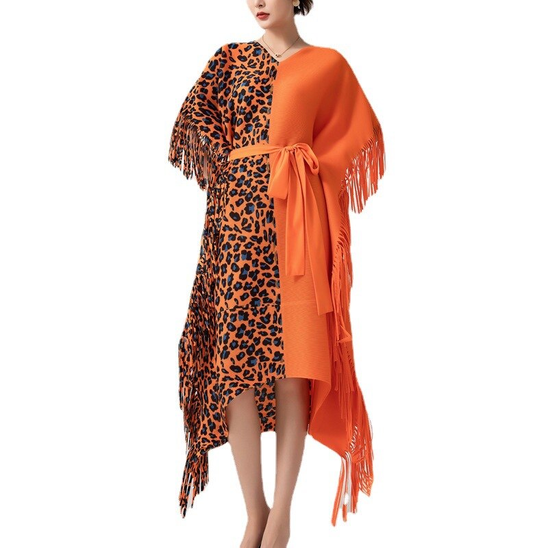 Leopard Print Bat Sleeve Tassel Lace Up Medium Long Irregular Three Curtilage Pleated Dress Loose And Slim