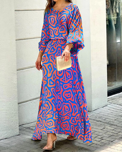 Women's Summer New Loose Plus Size Printed Long Sleeve Tops High Waiste Half-Length Skirt Suits