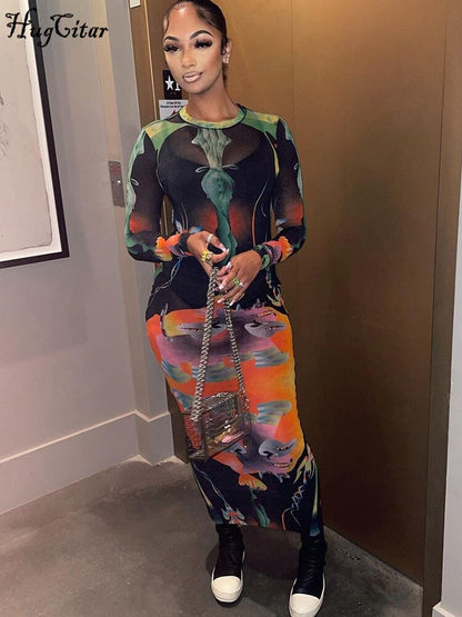 Hugcitar Print Long Sleeves Graphic Patchwork Sexy Slim Maxi Prom Dress Fall Women New Casual Streetwear Party Y2K Clothes