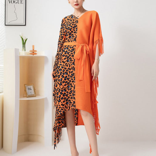 Leopard Print Bat Sleeve Tassel Lace Up Medium Long Irregular Three Curtilage Pleated Dress Loose And Slim