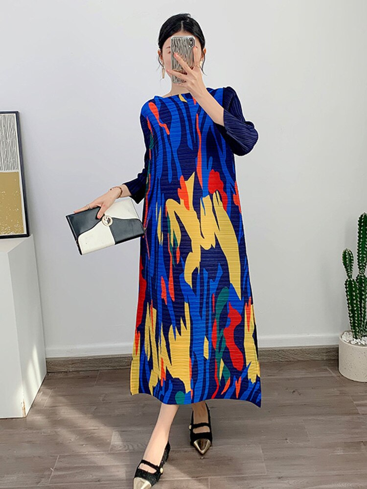 LANMREM Maxi Pleated Dress For Women Slash Neck Long Sleeves Loose Style Fashion Clothing Ladies  Spring Summer New 2DA1196