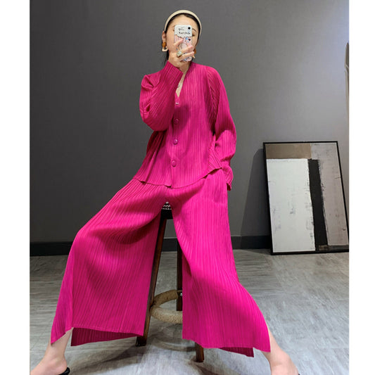 Wrinkled Spring New Style Large Size Suit Korean Version Fashionable Two-Piece Wide Leg Pants
