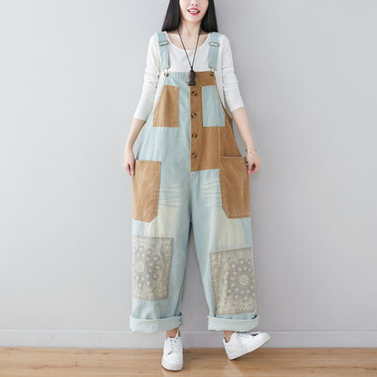 New personality stitching jeans literary wash large size loose overalls ethnic style wide leg pants