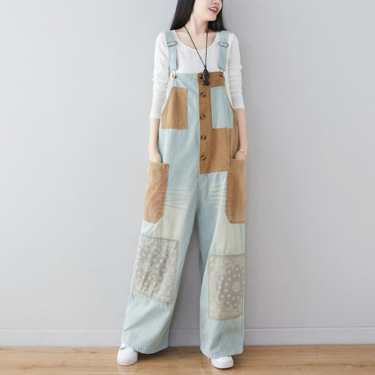 New personality stitching jeans literary wash large size loose overalls ethnic style wide leg pants