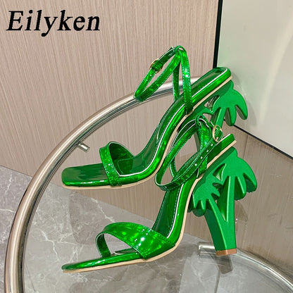 Eilyken Sexy Green Ankle Cross Strap Sandals Women Summer Fashion Open Toe Club Stripper Design Fretwork Heels Ladies Shoes