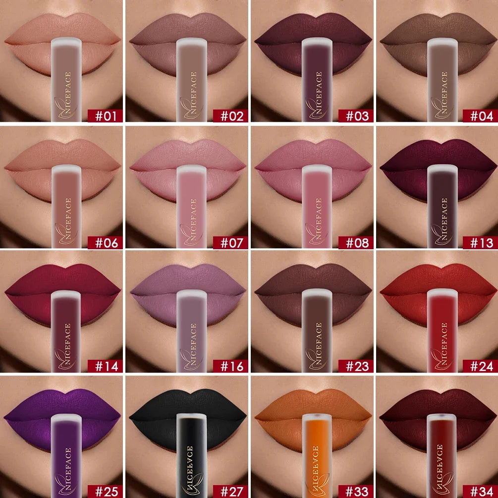 NICEFACE Matte Liquid Lipstick Waterproof Long Lasting Lip Gloss Tint Sexy Red Nude Purple Metallic Lipsticks Makeup Cosmetics