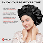 LuxeTress Black Satin Hair Bonnet Double-Layered Adjustable Black