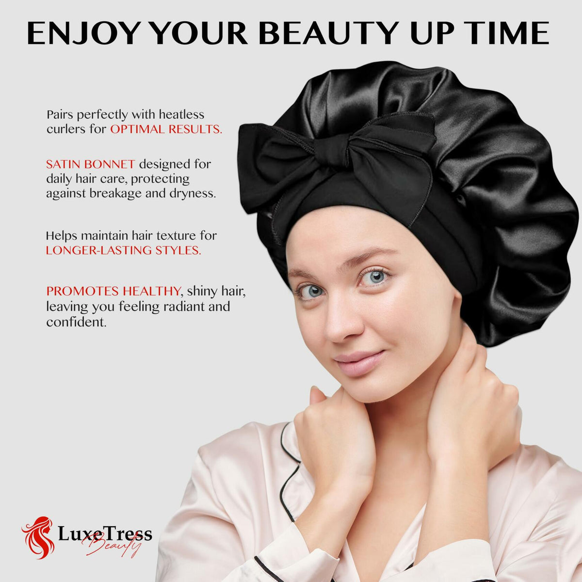 LuxeTress Black Satin Hair Bonnet Double-Layered Adjustable Black