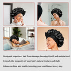LuxeTress Black Satin Hair Bonnet Double-Layered Adjustable Black