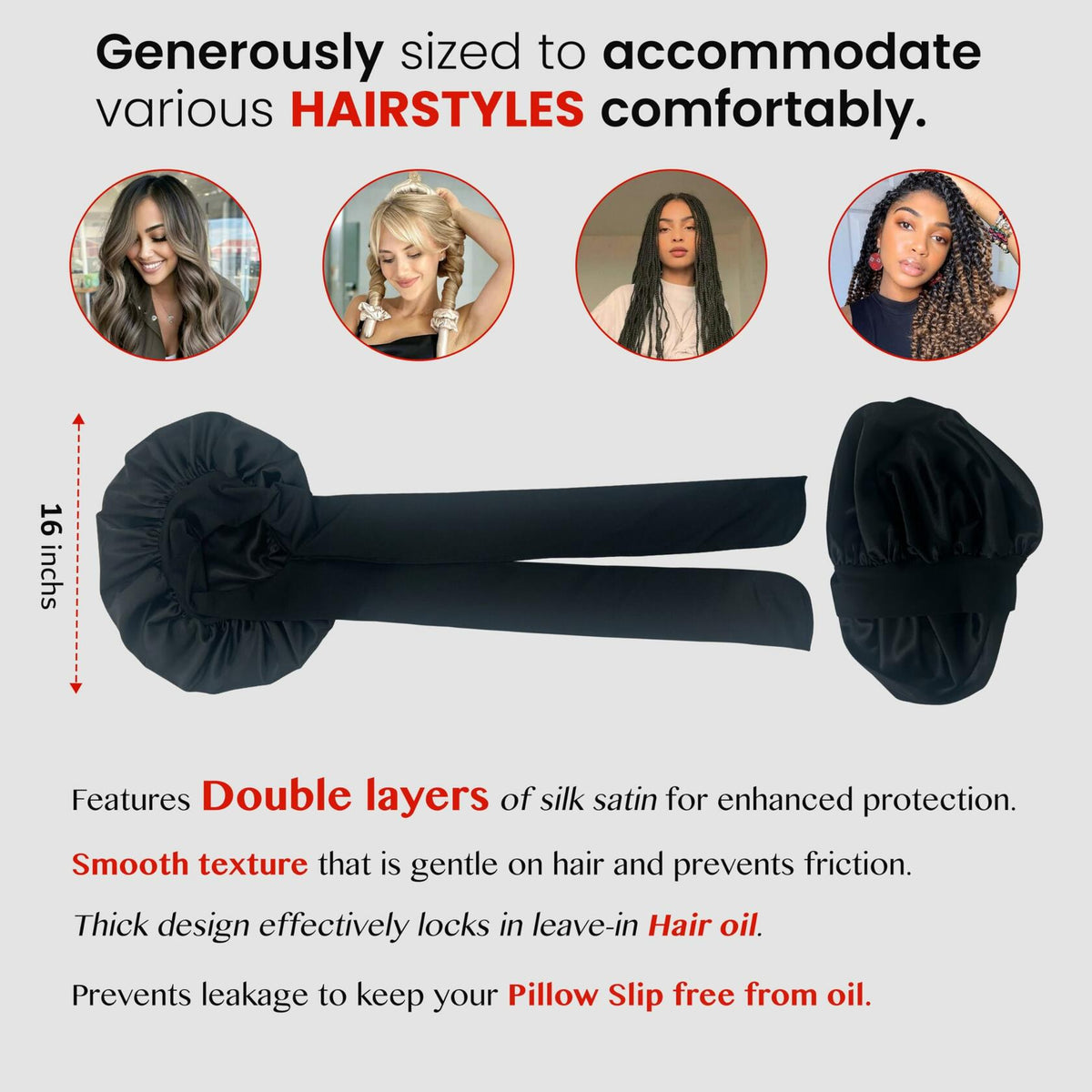 LuxeTress Black Satin Hair Bonnet Double-Layered Adjustable Black