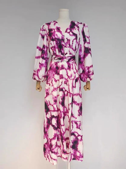 Spring And Autumn Runway Models Large Hem Splicing Print Long Dresses Female Fashion Seven Lantern Sleeves Long Dress
