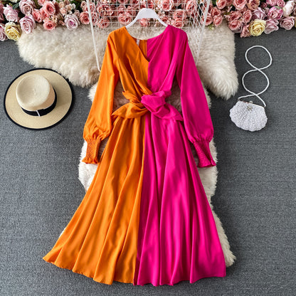Spring New Shore Beach Tourism Holiday Big Swing Dress Color Contrast Slim V-Neck Dress