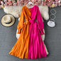 Spring New Shore Beach Tourism Holiday Big Swing Dress Color Contrast Slim V-Neck Dress