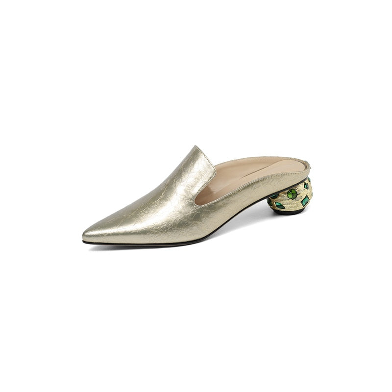 Women Thick Heels  New Arrival Rhinestone Pointed Toe Genuine Leather Slippers Mules Summer