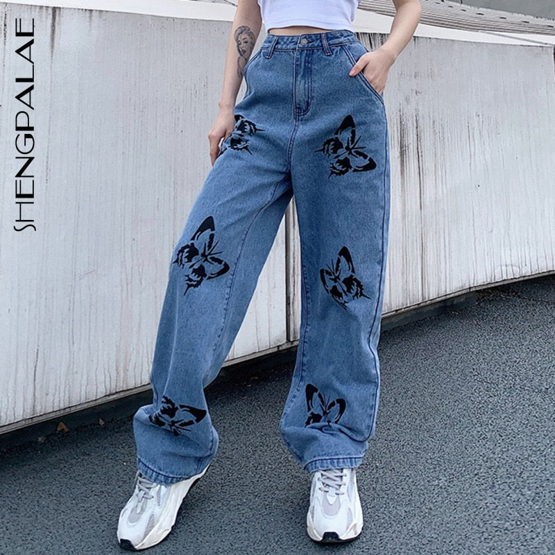 SHENGPALAE 2020 New Summer Vintage Jeans Woman Long Trousers Cowboy Female Loose Streetwear Butterfly Print Pants ZA4110