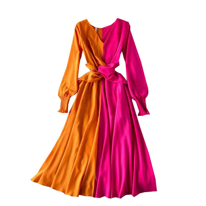 Spring New Shore Beach Tourism Holiday Big Swing Dress Color Contrast Slim V-Neck Dress