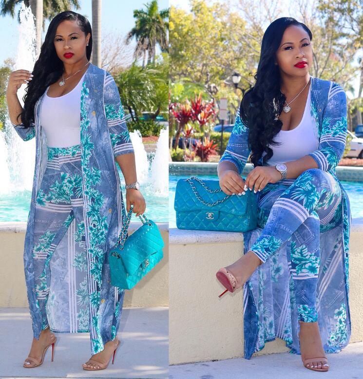 Plus Size Sexy two Piece Set Women clothes Cardigan Cloak Long Top And Bodycon Pant Matching Sets