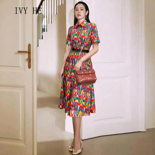 Elegant Dresses For Women Chic TurnDown Collar Short Sleeved Pleated Print Vestidos Midi Long Dress