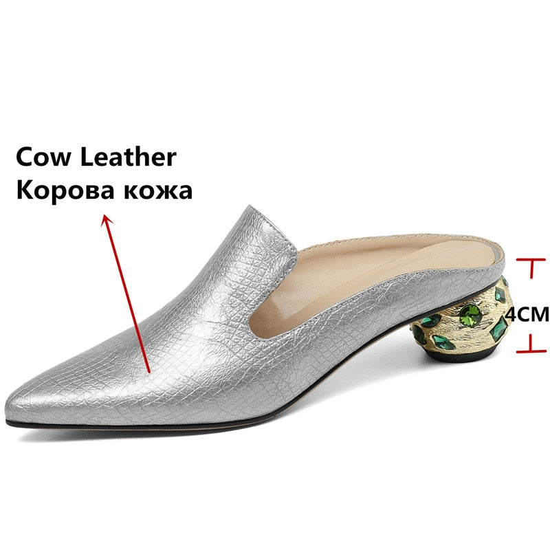 Women Thick Heels  New Arrival Rhinestone Pointed Toe Genuine Leather Slippers Mules Summer