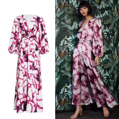 Spring And Autumn Runway Models Large Hem Splicing Print Long Dresses Female Fashion Seven Lantern Sleeves Long Dress