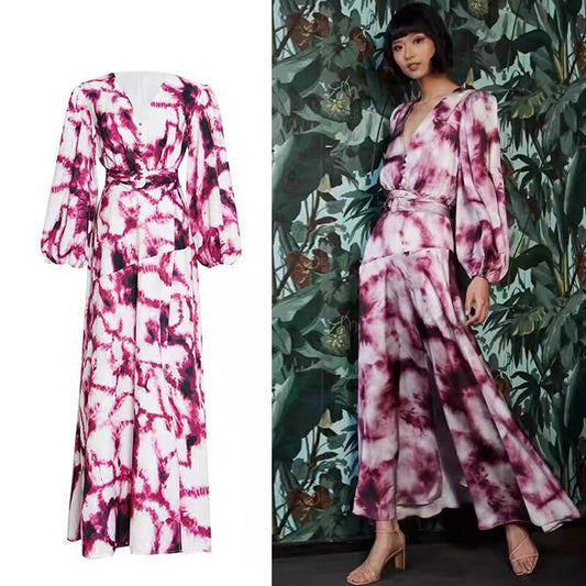 Spring And Autumn Runway Models Large Hem Splicing Print Long Dresses Female Fashion Seven Lantern Sleeves Long Dress