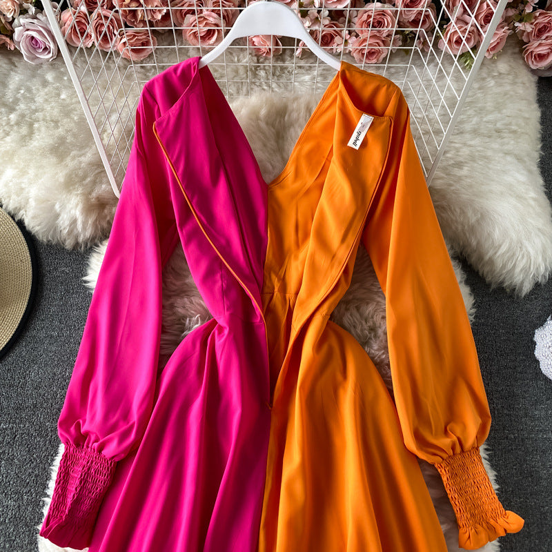 Spring New Shore Beach Tourism Holiday Big Swing Dress Color Contrast Slim V-Neck Dress