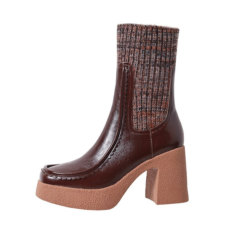 Platform Ankle Boots Woman Shoes Stretch Wool Leather